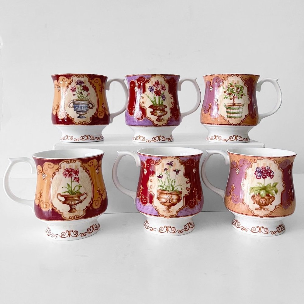 6X Vintage Hampton Court Palace Fine Bone China Mugs by QUEEN'S